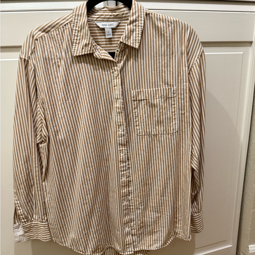Nine West Women's Beige and White Striped Button Down Shirt